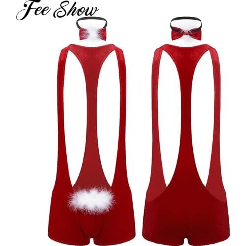 Mens One-piece Christmas Leotard Bodysuit Soft Velvet Singlet Wrestling Jumpsuits Sexy Lingerie Jockstrap Underwear with Bowtie