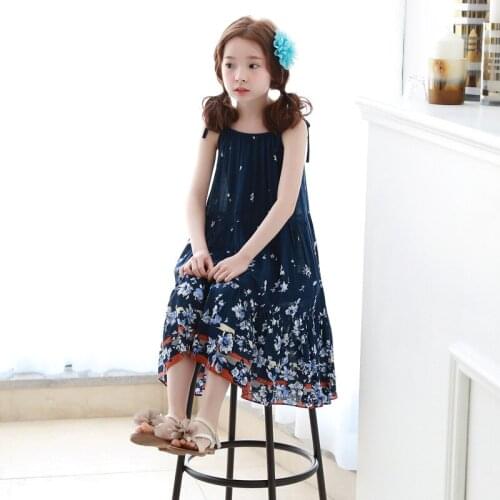 2020 summer new Korean childrens clothing floral girls Bohemian long beach dark blue dress for girls kids