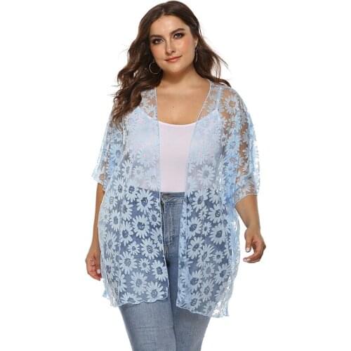 New Plus Size Summer Swimsuit Floral Lace Beach Bikini Cover Up Hollow Women Tops Swimwear Beach Dress Beach Tunic Shirt XL-4XL