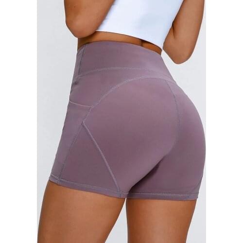 Heyyoga Solid Seamless Gym Fitness Stretchy Running Tight Sport Shorts Women High Waist Workout Yoga Shorts With Two Side Pocket