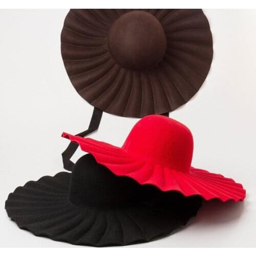 Autumn Winter New Elegant Wool Big Wide Brim Hats For Women Sombrero Mujer Sunshade Dome Fedora Red Black Brown Top Church Caps