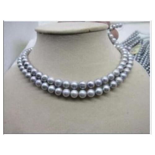 2 ROW NEW 8-9MM GRAY TAHITIAN PEARL NECKLACE 17-18 ''14k white GOLD CLAS