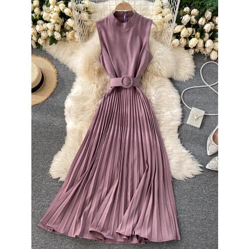 Spring Autumn Vintage Purple/Beige/Black Pleated Dress Women Round Neck Sleeveless Sashes Vestidos Female High Waist Robe 2020