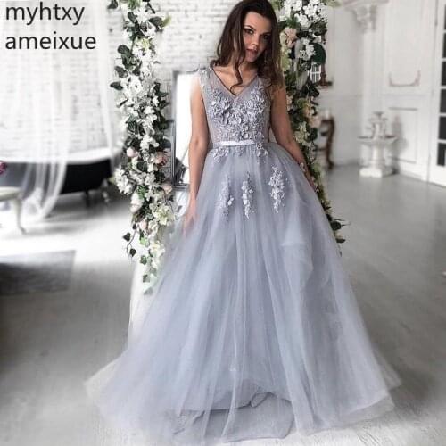 V-neck Gray Plus Size Prom Dresses Illusion Bodice 2020 3d Appliques Beads 2020 Formal Party Gown Floor Length Vestido De Fiesta