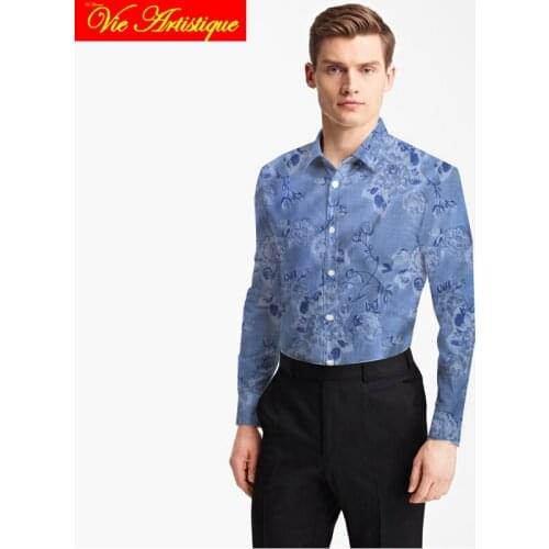 Custom tailor made Mens bespoke cotton floral shirts business formal wedding ware blouse blue print faint jacquard flower