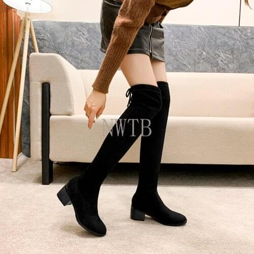 Over The Knee High Boots Stretch Flock Lace Up Casual Long Boots Square Heel Autumn Winter Round Toe Women Shoes Size35-40