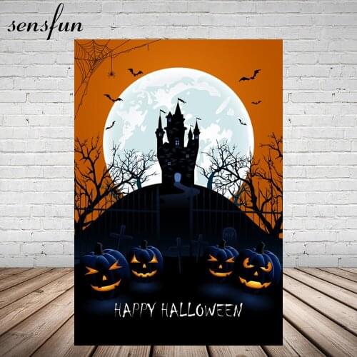 Sensfun Halloween Day Backdrop Gloomy Castle Moon Dead Tree Bat Ghost Pumpkin Photography Backgrounds For Photo Studio 5x7ft