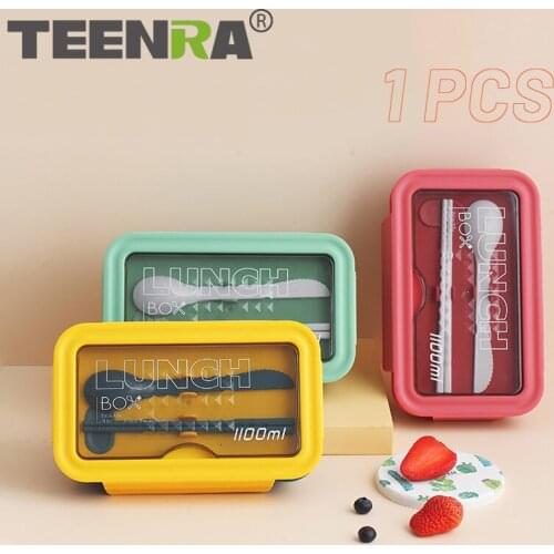 TEENRA 1100ml Portable Lunch Box Microwave Plastic Bento Box Kids School Dinnerware Leakproof Food Storage Container