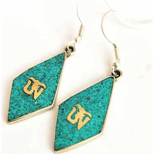 Tibetan Earrings Amulet Earrings Nepal Hand Jewelry Copper Inlaid Stone Multi Colors E076