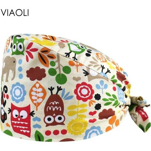 VIAOLI-cartoon print Cute owl cap Sanitary hat Laboratory scrub hat Special for pet house scrub cap spa Dust-proof cleaning cap