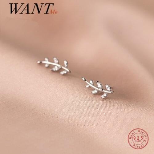 WANTME Stud Earrings 925 Sterling Silver Fashion Korean Pave Zircon Leaf Earring for Women Simple Romantic Friend Jewelry Gift