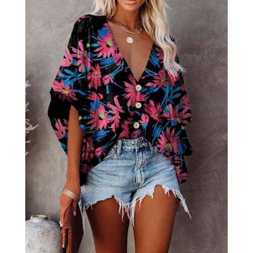 2021Summer Bat Sleeve Loose Women Blouses Top V Neck Button Casual Shirts Women Blouses Oversized Streetwear Ladies Fashion Tops