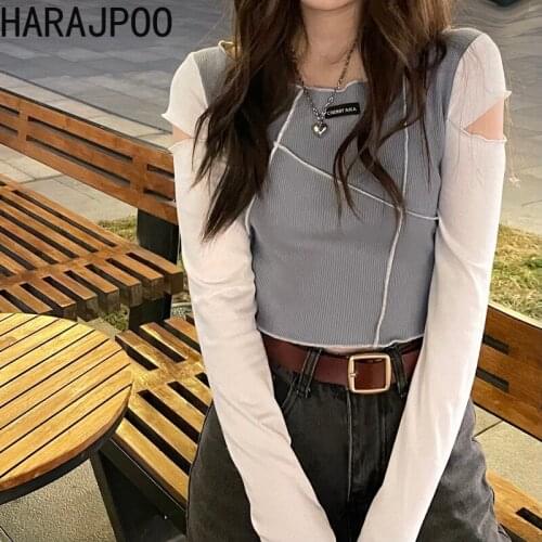 Harajpoo Women T-Shirts 2021 New Summer Korean Version Ins Fashion Stitching Design Short Slim Long-sleeved Female Pullovers