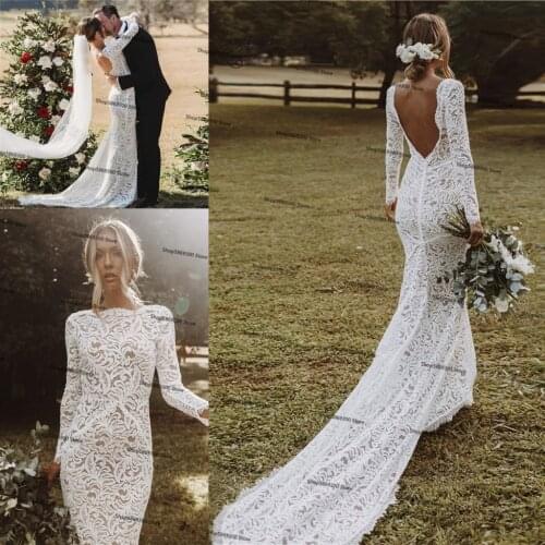 Backless Bohemian Mermaid Wedding Dresses 2021 Full Lace Long Sleeve Vestido De Noiva Sweep Train Country Beach Bridal Dress