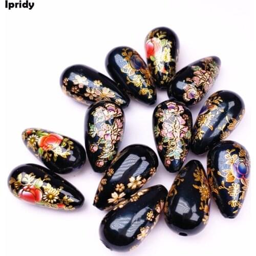 5 Pcs/lot 11x22mm Black Resin Teardrop with Japan Painting Vintage, Drop by Hand-painted fit Earrings Necklace jewelry