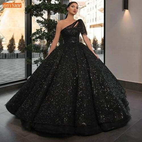 Sparkly Boho Black Evening Gowns Long 2020 One Shoulder Sequin fluffy Ball Gown Formal Dresses Custom Made Arabic Evening Dress