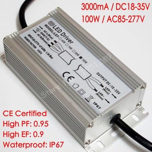 CE Certified Isolated 3000mA DC 18V - 35V 100W Led Driver AC 110V 220V Waterproof IP67 for 10 Series 10 Parallel LED lights