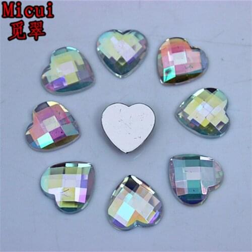 Micui 100PCS 16mm AB Color Heart Acrylic Rhinestones Crystal Flatback Stones For Strass Clothing Decorations ZZ357