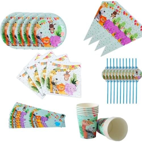 New Jungle Birthday Party Disposable Tableware Jungle Animal Disposable Plates Cups Napkins Safari Decor Baby Shower Supplies