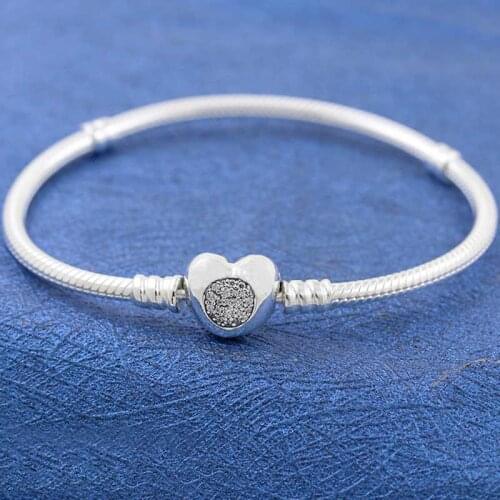 Original Moments Pave Heart Clasp Snake Chain Bracelet Bangle Fit 925 Sterling Silver Bracelet Bead Charm Diy Pandora Jewelry