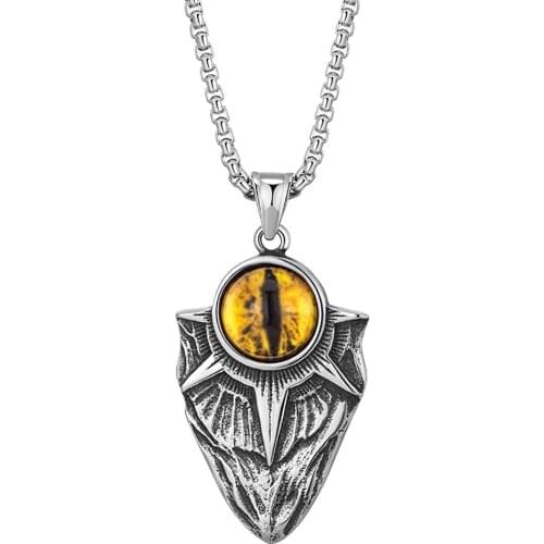 Stainless Steel Yellow Evil Eye Flint Punk Rock Men Pendant Necklace Jewelry Gift For Him with Chain
