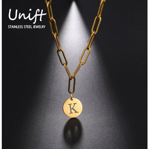Unift Stainless Steel Letter A-Z Initial Pendant Necklace for Women Paper Clip Square Chain Round Coin Alphabet Necklace Jewelry