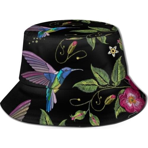 Bucket Hat Unisex Bob Caps Hip Hop Gorros Embroidery Bird And Wild Roses Dogrose Flowers Summer Panama Cap Beach Sun Fishing Hat