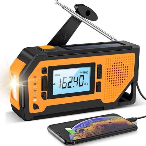 PCspring Weather Radio, 5000mAh Hand Crank Solar Radio, AM/FM/NOAA Portable Battery Operated Radio with Flashlight, Reading Lamp