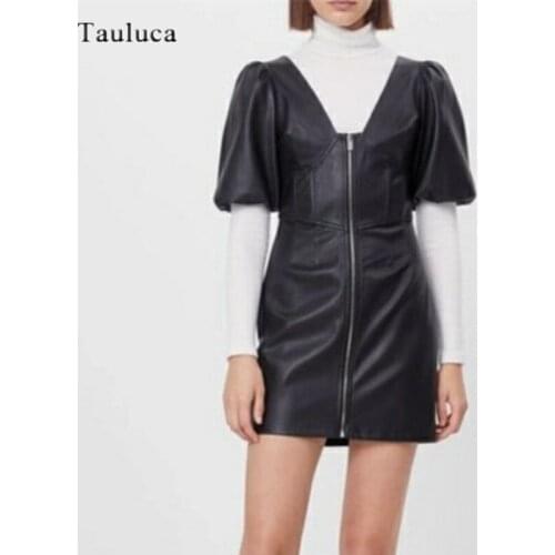 Women PU Leather Dress Fashion Zipper Designer V Neck Puff Short Sleeve Streetwear Party Elegant Spring Summer Fall Dress Female