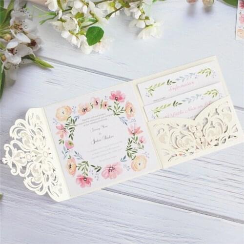 Custom wedding invitation floral insert card design tri-fold weeding card pocket multi colors 50pcs