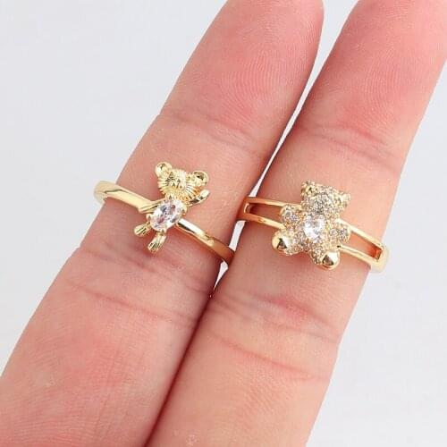 18K Gold Plated Zircon Cut Bear Rings for Women Trendy Copper Open Finger Rings Wholesale Jewelry Girls Party Gifts