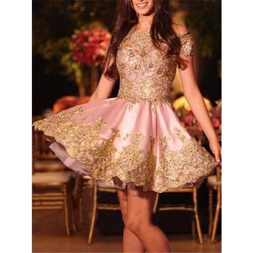 Pink Homecoming Dresses Short 2020 with Gold Lace Off Shoulder Mini Graduation Dress for Teens Formal Prom Party Gowns Cheap