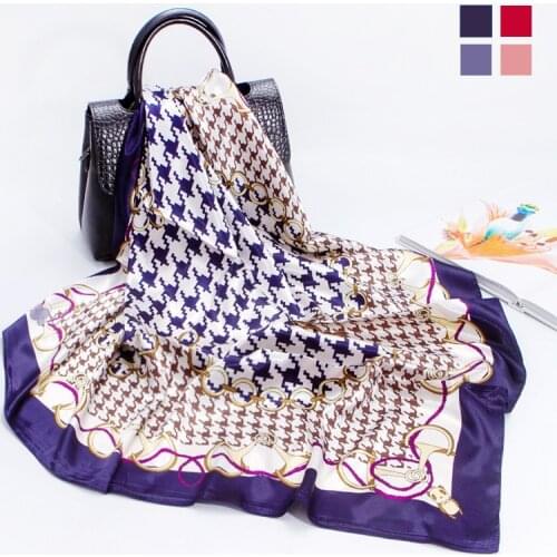 Silk Scarf Female 2021 Spring New Silk Satin Houndstooth Print Large Square Scarf European and American Turban Scarf Shawl