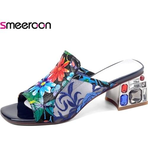 Smeeroon 2021 Big Size 43 Women Slipper Genuine Leather Shoes Ethnic Style Print Mesh Summer Slipper High Heels Ladies Shoes