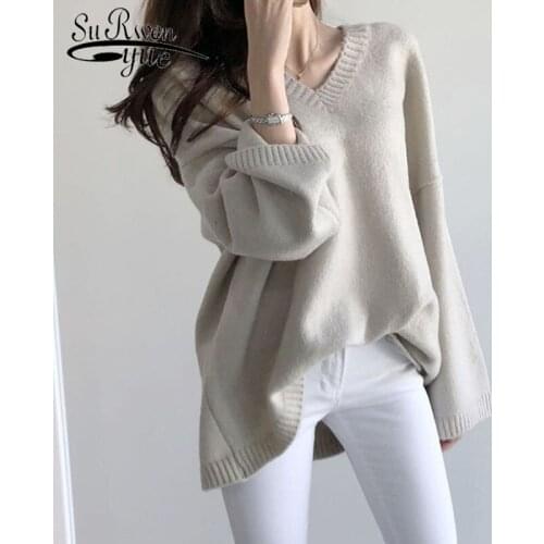 Plus Size V-neck Sweater 2021 Autumn Winter Long Sleeve Female Jumper Knitwear Solid Loose Women Knitted Sweater Pullover 11031