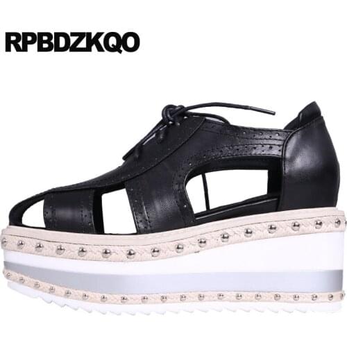 Pumps Oxford Harajuku Brogue High Heels Rivet 8cm Creepers Lace Up Wedge Genuine Leather Shoes Women Platform Casual Gladiator