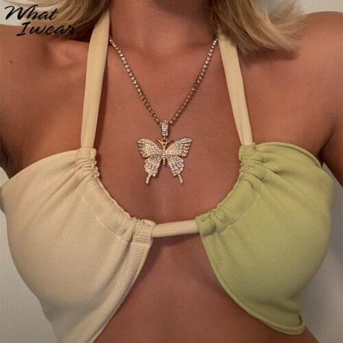 Whatiwear Women Bandage Halter Crop Tops Casual Color Matching Sexy Backless Camisole Summer Skinny Female Hot Outwear Outfits