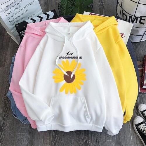 Women Plus velvet Hooded Harajuku Big daisy Print Hoodie pocket Casual top Ladies Pullover sweatshirt 2021 autumn