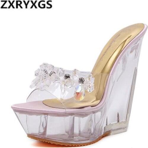 Wild Rhinestone Women Sandals 2019 Summer New Fish Mouth Women Slipper Elegant Beaded Wedges Shoes Fashion High Heels 14 cm