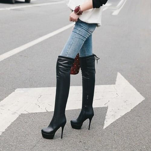 New Pu Leather High Heels Over The Knee High Boots Woman Black White Colors Ladies Wedding Party Shoes Women Boots Large Size 43