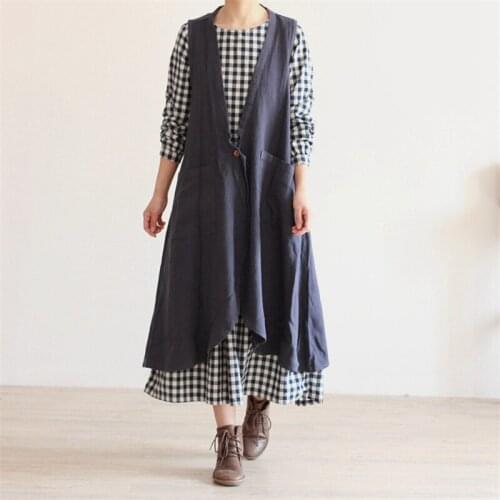 Johnature Women Cotton Linen Vest Coat Pockets 2020 Autumn New Vintage Loose Brief Casual V-Neck Female Clothing Long Vest