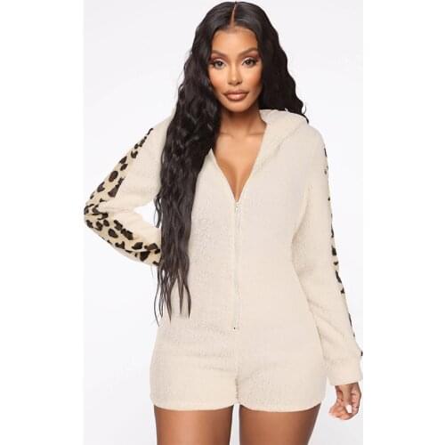 Winter Playsuit for Women E-girl Y2K Zip Up Hooded Romper Plush Long Sleeve Leopard Jumpsuit Shorts Warm Female Clothes New