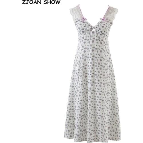 2021 Retro Women Flower Print Spliced Lace Sleeveless Dress Hollow out V neck Patchwork Holiday Dresses Slim fit Vestido