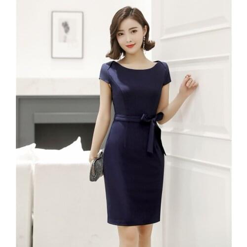Summer Women Dresses Short Sleeve Ladies Work Wear Dress Dark Blue Slim Office Uniform Styles