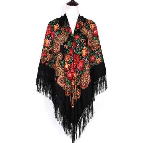 Winter Blanket Shawl Russian National Babushka Oversize Retro Women Tassel Foulard Ethnic Square Poncho Hijab 160cm Wrap Scarf