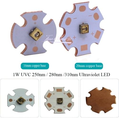 1PCS 1W UVC UV-C LED 3838 250nm 270nm 310nm DC5-7V 150mA Ultra Violet Lamp with 16mm/20mm PCB Copper Light Board