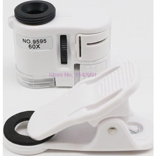 50pcs Universal Clip Microscope 60X LED Jewelry Magnifying Glass Focusing Adjusted Pocket Microscope with Clip UV Light