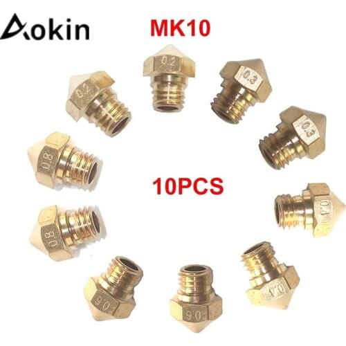 Aokin 10PCS MK10 Extruder Nozzle For 3D Printer Makerbot 2 0.2mm 0.3mm 0.4mm 0.6mm 0.8mm Head Brass Nozzles Part 1.75mm