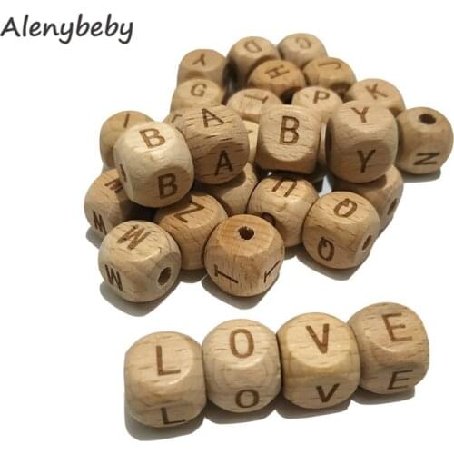 Square Wood Alphabet Beads Teether 12MM Natural Beech Wooden Letter Beads For Jewelry Toys Making DIY Baby Teething Necklace