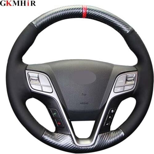 Black Genuine Leather Carbon DIY Car Steering Wheel Cover for Hyundai ix45 Santa Fe 2013 2014 2015 2016